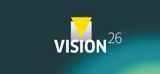 Gráfico con la inscripción «VISION26» sobre un fondo azul verdoso.