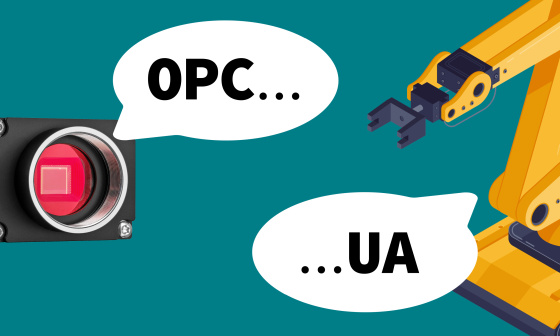 Cámara uEye y robot (cada uno cortado) hablando entre sí en burbujas de diálogo sobre OPC UA