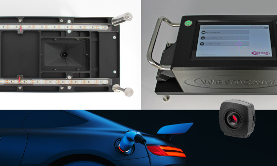 Collage con dispositivo de prueba, equipo WESTCAM, coche eléctrico y cámara industrial