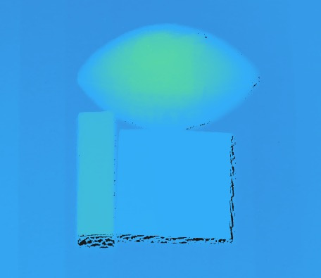 Mapa de profundidad con superficie azul y contornos de objetos de bajo contraste