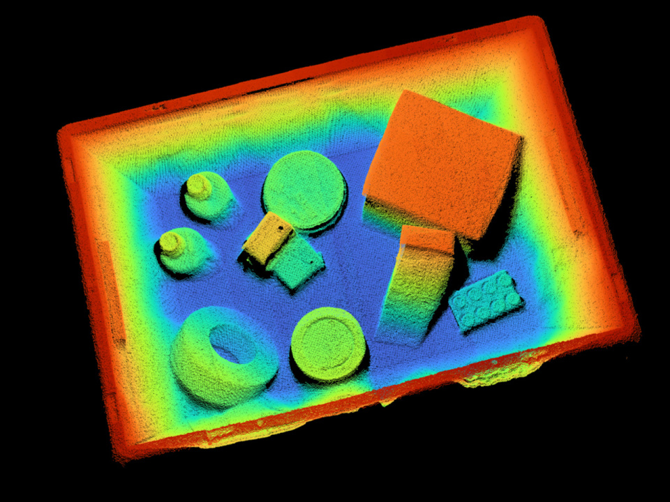 Nube de puntos en 3D a todo color de diversos objetos dentro de una caja