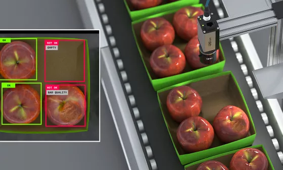 Una cámara IDS comprueba la integridad y calidad de las manzanas envasadas en una cinta transportadora.