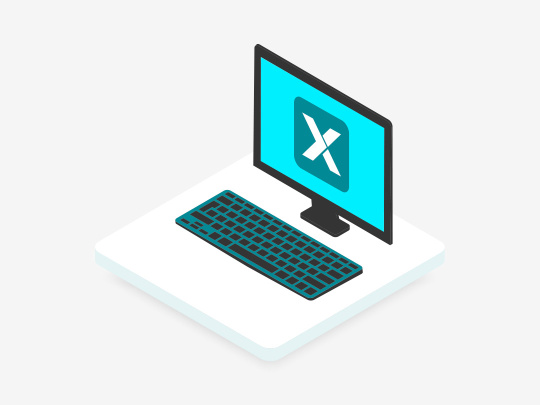 Ilustración isométrica de ordenador con pantalla azul y logotipo «X» blanco.