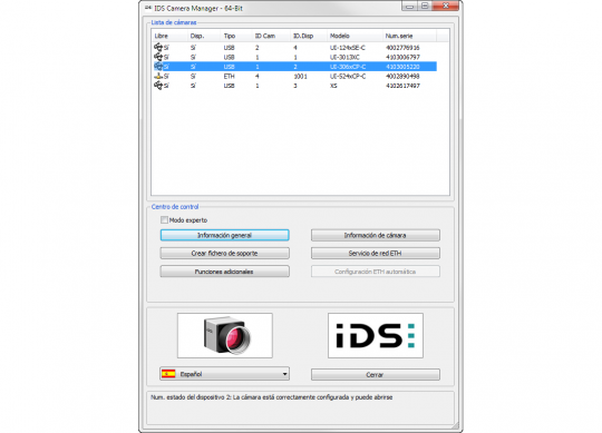 IDS Software Suite para cámaras industriales: IDS Camera Manager - Lista de cámaras