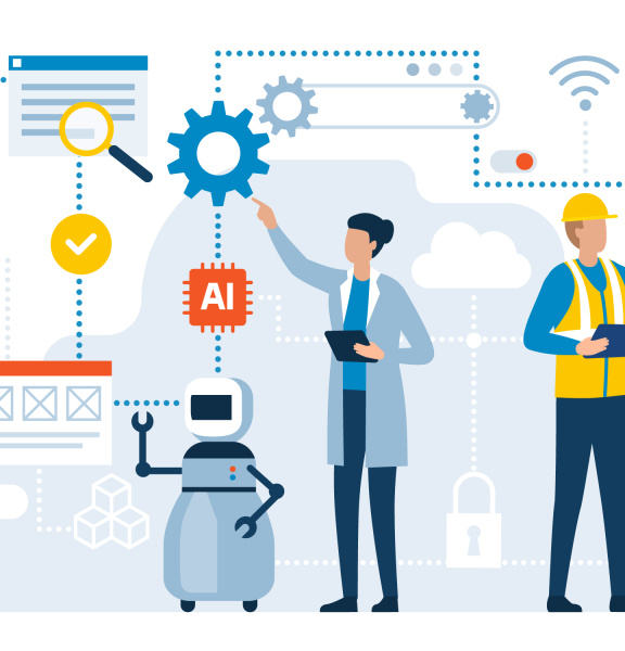 Representación gráfica de dos personas y un robot, muchos símbolos diferentes como IA, WLAN o engranajes