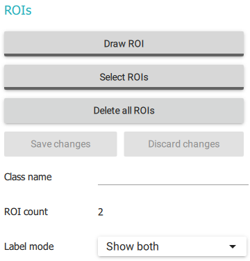 Captura de pantalla del administrador de ROI con varias opciones: Dibujar ROI, Seleccionar ROI, Borrar todos los ROIs, Guardar cambios, Descartar cambios, Nombre de clase, Recuento de ROI, Modo de etiqueta