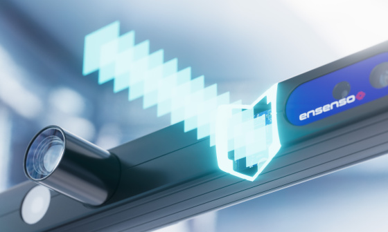 Una sección de una cámara 3D Ensenso de IDS con una representación esquemática del cálculo de profundidad