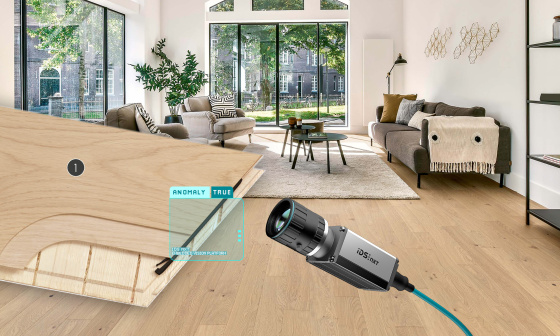 Collage de una habitación con parquet y una cámara IDS NXT sobre un parquet multicapa