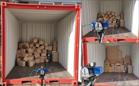Contenedor inspeccionado con una cámara industrial IDS Ensenso; el contenedor contiene cajas de cartón apiladas de diferentes maneras.