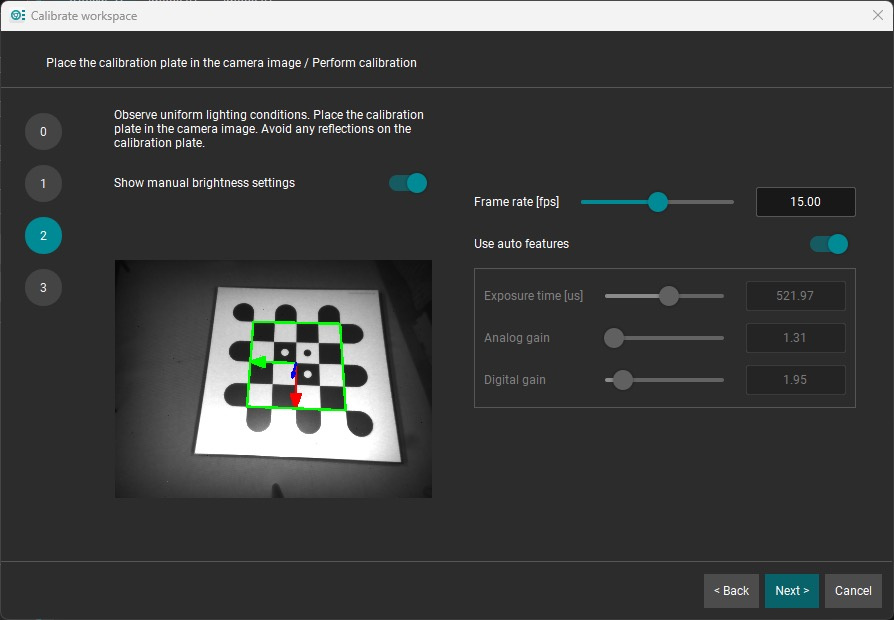 Cuadro de diálogo de calibración con tablero de ajedrez y alineación en la imagen