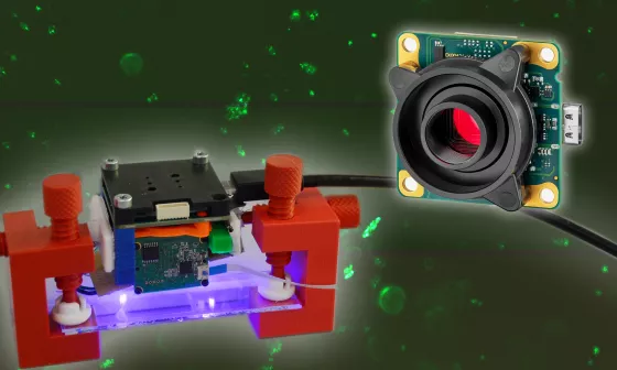 Microscopio de fluorescencia con chip microfluídico y cámara USB3 de alta resolución de la familia uEye XLE