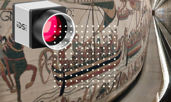 Cámara uEye arriba a la izquierda delante del Tapiz de Bayeux, muchos puntos adicionales