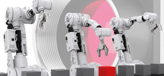 Ilustración de robots que se colocan delante de una cámara y cogen cubos de una cinta transportadora.