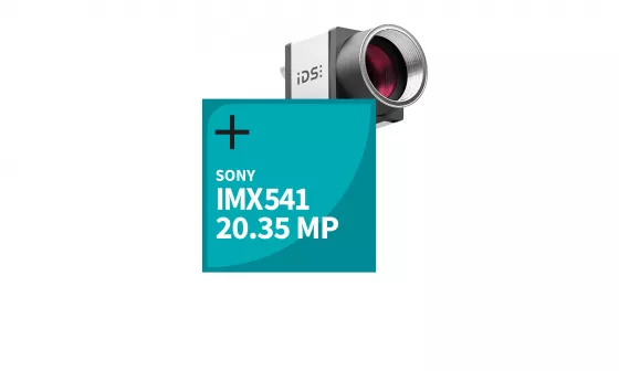 Muestra la cámara uEye+ CP, delante de ella el área con el texto del nombre del sensor IMX541 y la resolución 20 MP