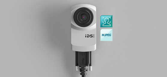 Cámara Web industrial uEye XC junto a los iconos para reconocimiento facial y MJPEG
