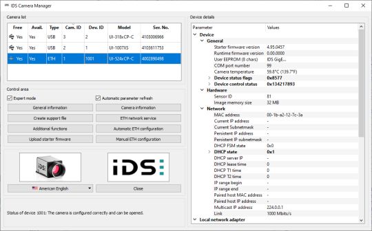 Captura de pantalla del administrador de cámaras y aplicaciones IDS (por ejemplo: lista de cámaras, detalles del dispositivo)