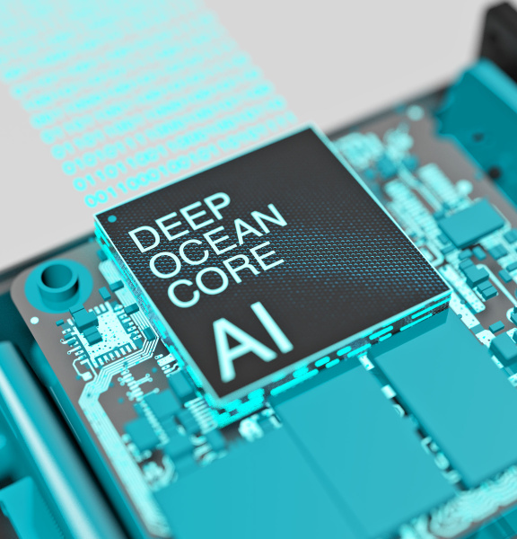 Un chip con DEEP OCEAN CORE AI escrito en él se destaca en la placa de circuito