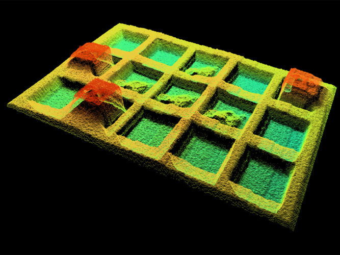 Nube de puntos 3D a color de una bandeja dividida con protuberancias