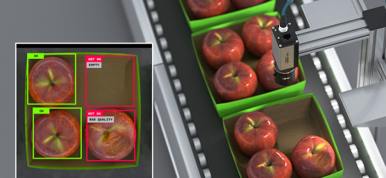 IDS NXT comprueba integridad y calidad de manzanas en cinta transportadora.
