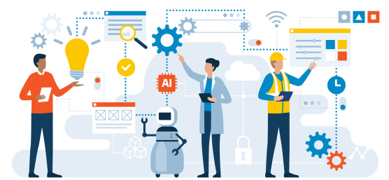 Representación gráfica de dos personas y un robot, muchos símbolos diferentes como IA, WLAN o engranajes