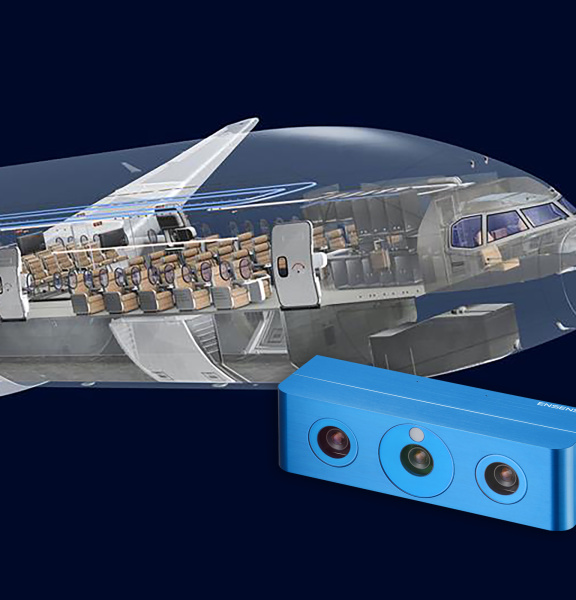 Parte delantera de un avión con vista al interior de la cabina y la cámara Ensenso 3D en primer plano.