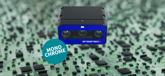 Cámara Ensenso B 3D con placa de circuitos al fondo y etiquetada como «Monochrom».