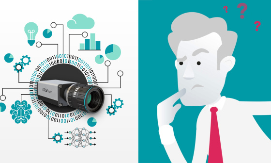 Combinación de una imagen realista de una cámara industrial IDS NXT con elementos gráficos para el tratamiento de datos y un dibujo estilizado y reflexivo de una persona.
