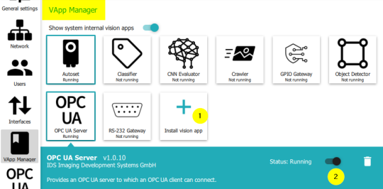 Los pasos individuales que inician el servidor OPC UA están marcados con números en el VApp Manager.