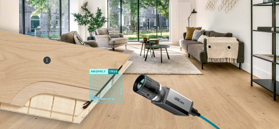 Collage de una habitación con parquet y una cámara IDS NXT sobre un parquet multicapa