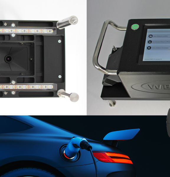 Collage con dispositivo de prueba, equipo WESTCAM, coche eléctrico y cámara industrial