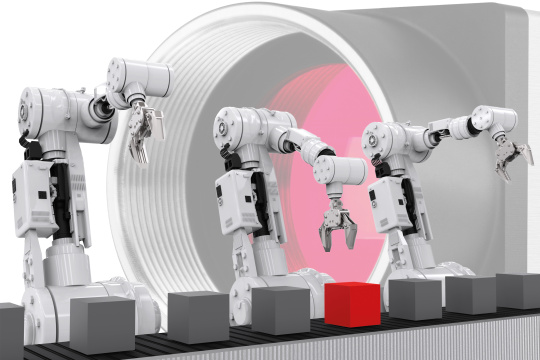 Ilustración de robots que se colocan delante de una cámara y cogen cubos de una cinta transportadora.