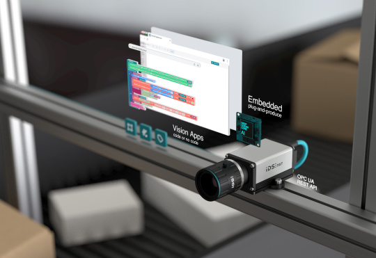 Una cámara IDS NXT basada en IA va atornillada a un perfil metálico. A su lado están Vision Apps, el editor de bloques basado en web y el acelerador de IA deep ocean.