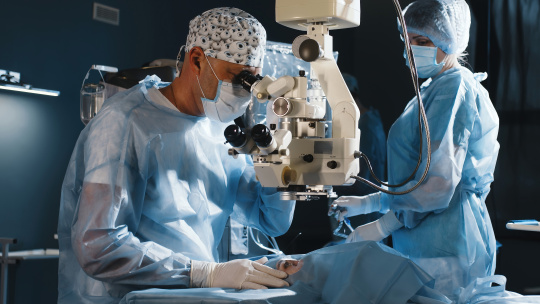 Personal médico opera un ojo con un microscopio quirúrgico.