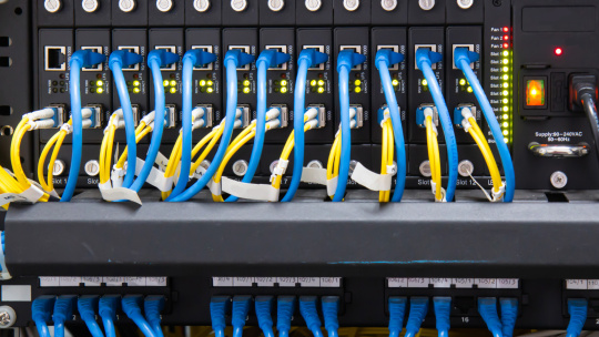 Conmutador de red con cables azules y amarillos conectados
