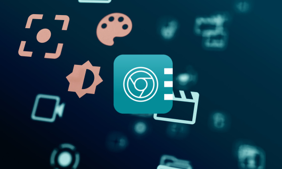 Varios iconos del software IDS peak sobre fondo azul. Icono de la aplicación en primer plano.