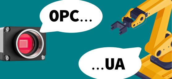 Cámara uEye y robot (cada uno cortado) hablando entre sí en burbujas de diálogo sobre OPC UA