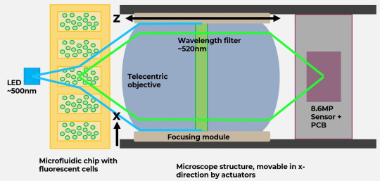 Esquema de microscopio para investigación celular con cámara uEye XLE, chip microfliódico y LED