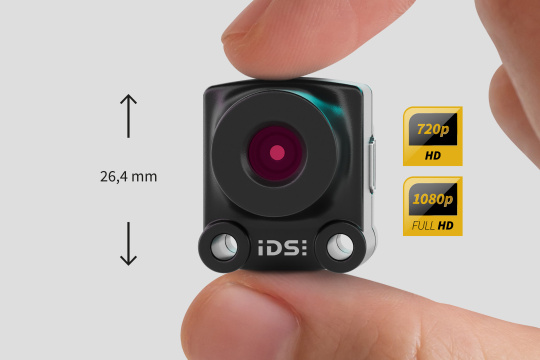 Cámara uEye XS con especificaciones de altura de 26,4 mm e icono HD y Full HD