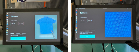La pantalla izquierda muestra una imagen de una camiseta azul, mientras que la derecha muestra un primer plano del tejido azul.