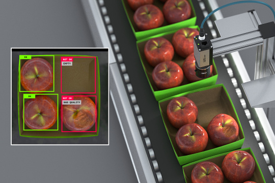 IDS NXT comprueba integridad y calidad de manzanas en cinta transportadora.