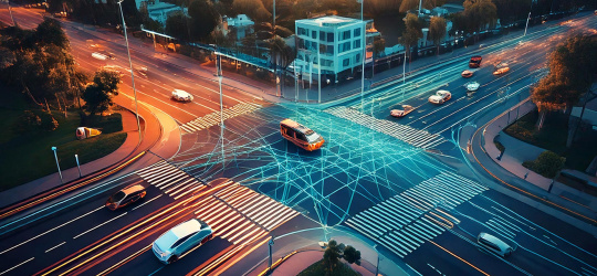 Cruce de carreteras con tráfico e indicación de carriles de coches.