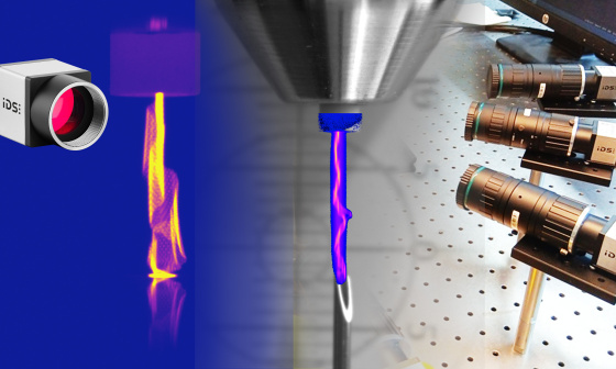 Montaje de descarga de plasma y montaje de laboratorio con cámaras IDS sobre una mesa óptica