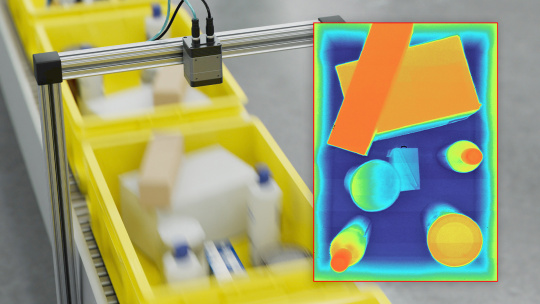 Contenedor industrial con recuadro de análisis 3D en color
