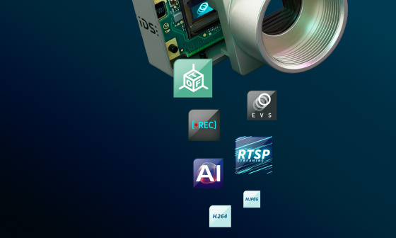 Cámara IDS uEye basada en eventos con múltiples iconos para TOF, EVS, REC, RTSP, AI, MPEG, H264.