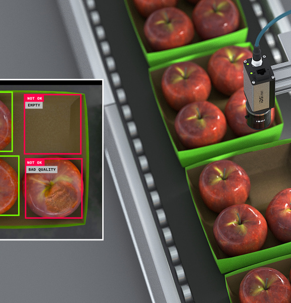 IDS NXT comprueba integridad y calidad de manzanas en cinta transportadora.