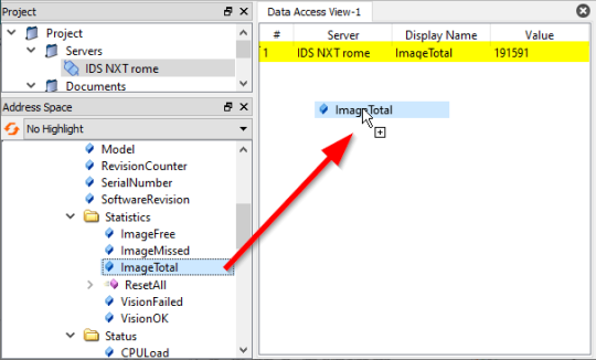 La información puede mostrarse en la Vista de Acceso a Datos-1 mediante arrastrar y soltar, aquí ImageTotal.