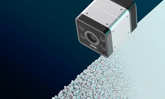 Cámara IDS iTof 3D delante de un fondo con elevaciones tridimensionales.