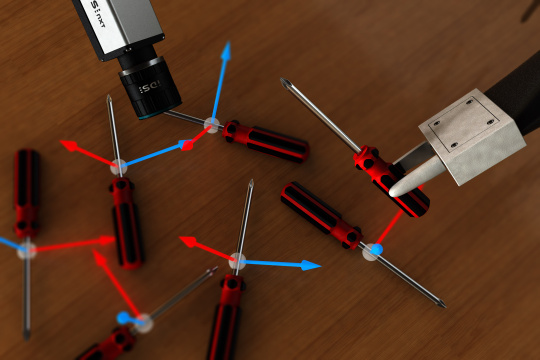 La red neuronal de la cámara IDS NXT localiza y detecta la posición exacta de los objetos. Basándose en esta información gráfica, el robot puede agarrar y depositar dichos objetos con plena autonomía.