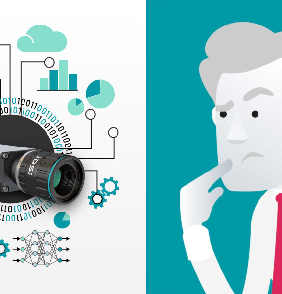 Combinación de una imagen realista de una cámara industrial IDS NXT con elementos gráficos para el tratamiento de datos y un dibujo estilizado y reflexivo de una persona.
