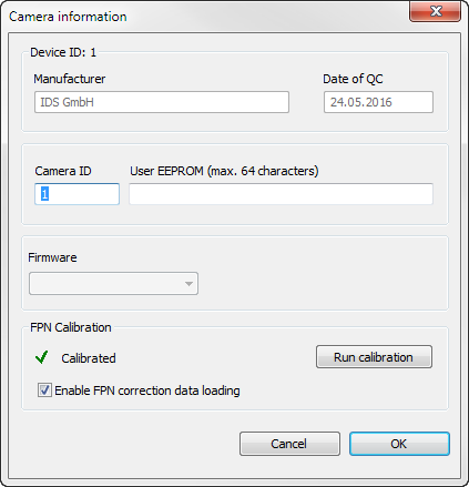 Captura de pantalla de la información de la cámara del IDS Software Suite.